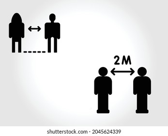 Social distancing set of icons. Simple man or woman black and white silhouettes with arrow distance between. Can be used during coronavirus covid-19 outbreak prevention