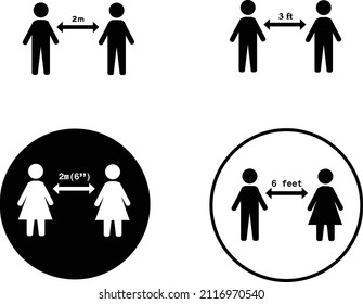 Social distancing set of icons. Simple man or woman black and white silhouettes with arrow distance between. Can be used during coronavirus covid-19 outbreak prevention