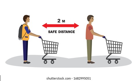 Social distancing in the shop, 2 meters safe distance. Virus prevention, protection against coronavirus and flu infection. Vector stock illustration, banner, poster.