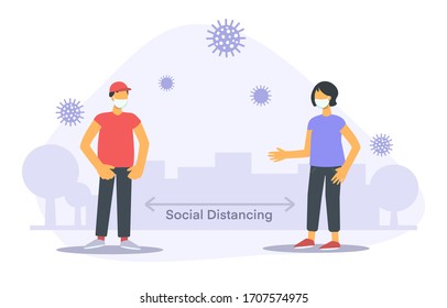 Signo de distanciamiento social, mantener la distancia en la sociedad pública para proteger del coronavirus COVID-19. Hombre y mujer, silueta de ciudad, árboles, virus. Ilustración plana vectorial sobre fondo blanco.