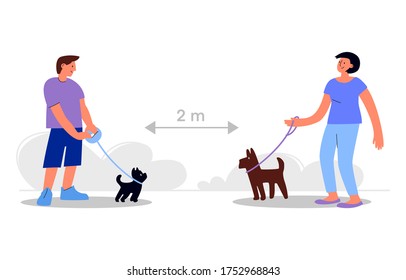 Social distancing sign, keep distance in public society people to protect from COVID-19 coronavirus. Man, woman, pet and new normal, social distancing concept. Vector flat illustration for banner