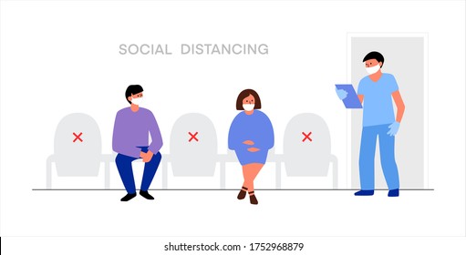 Social distancing sign, keep distance in public society people to protect from coronavirus. Man and woman, doctor and new normal, social distancing concept.Vector flat illustration for banner, landing