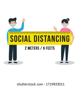 Social distancing sign with people apart from each other. Ruler showing correct distance or gap between them.