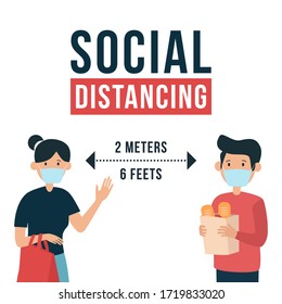 Social distancing sign with people apart from each other. Ruler showing correct distance or gap between them.
