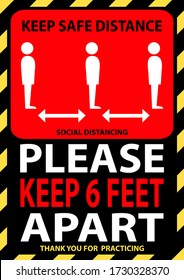 Social Distancing Sign. Please Keep 6 Feet Apart For Customer Queue At Shop, Restaurant, Building, Hotel, Shopping Mall, Store. Keep Distance In Public To Protect COVID-19.