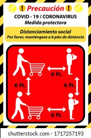Social distancing sign - please stay 6 feet apart for customer queue at shop, restaurant, building, hotel, shopping mall, store.  Keep distance in public  to protect COVID-19. 