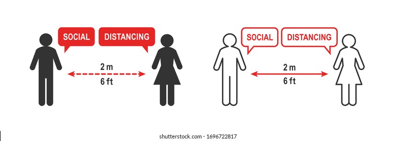 Social distancing sign. Two person keeping a 2 meter or 6 feet distance. Arrow symbol between the two stick figure and outline silhouette. Pictogram isolated on white background.