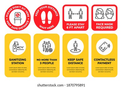 Social Distancing Signage. Please Keep Distance Poster For Shop Or Transport. Mask Required, Dont Sit Here And Card Payment Sign Vector Set. Sanitizing Station, Footprint Warning In Round Sticker