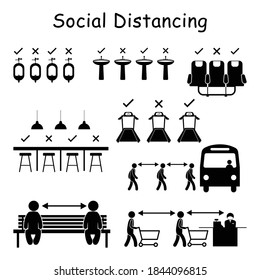 Social Distancing Signs In Public Spaces. Vector Pictogram Depicting Social Distance Practice Signs For Urinal Hand Washing Sinks Airplane Seats Bar Dinning Treadmill Gym Line Queue Cashier Bench 