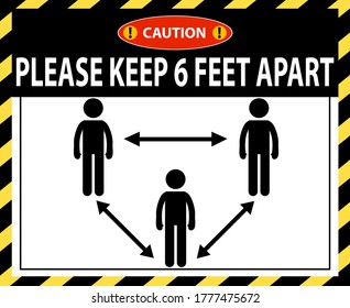 Social Distancing six 6 feet apart from others. Black and yellow stick figures with lung infection virus spread. Covid-19 pandemic guideline. Vector image.