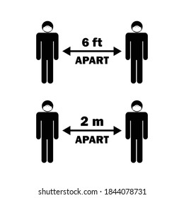 Distancia social a seis metros dos metros de distancia. Pegar figura con máscara facial. Vector EPS blanco y negro