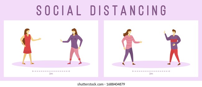 Social distancing in society people to protect from COVID-19 coronavirus outbreak spreading concept. Characters people keeping distance due to infection risk, wearing a protective Medical mask.