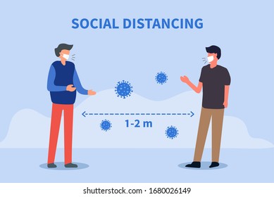 Distanciamiento social. Espacio entre personas para evitar la propagación del virus COVID-19. Mantenga la distancia de 1-2 metros. Ilustración del vector