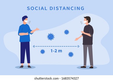 Distanciamiento social. Espacio entre personas para evitar la propagación del virus COVID-19. Mantenga la distancia de 1-2 metros. Ilustración del vector