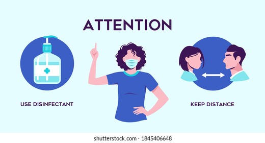 Social distancing. Space between people to avoid the spread of the COVID-19 virus. Stay 1-2 meters away. Antiseptic and precautions. Vector illustration