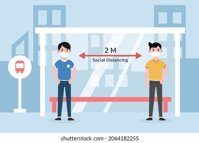 Social distancing. Space between people to avoid spreading COVID-19 Virus at bus stop. Keep the 2 meter distance waiting take a bus.