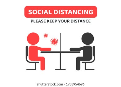 Social distancing. Space gap labels for conversing with other people By having clear glass to prevent corona virus.