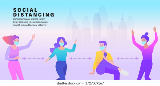 Social Distancing, Space for safety and people. Background in city. flat vector illustration.