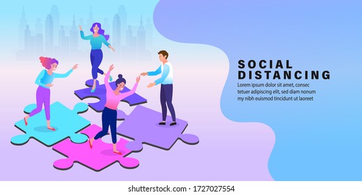 Social Distancing, Space for safety and people. Background in city. Business team of professionals.  flat vector illustration.