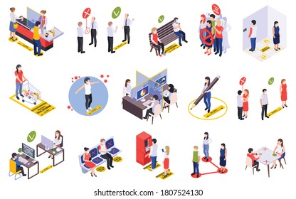 Distancia social y espacio para la seguridad de las personas en las zonas públicas durante el ensayo isométrico pandémico de ilustraciones vectoriales aisladas 