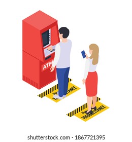 Social distancing and space for safety for people in public areas during pandemic isometric vector illustration