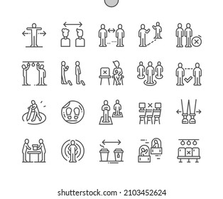 El distanciamiento social. Marcador permanente. Gente. Protección y seguridad. Distancia en el transporte. Epidemia de coronavirus. Iconos De Línea Delgada De Vector Perfecto De Pixel. Pictograma mínimo simple