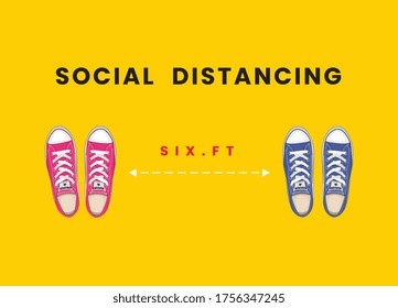 Social Distancing of standing pair of shoes 6ft, Social Distancing on yellow background, Social Distancing shoes
