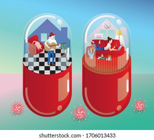 Social Distancing and Stay home concept. Musicians playing a musical instrument. working, People at home in quarantine and enjoy it. Fun home staying. Corona-virus self-isolation.Vector illustration