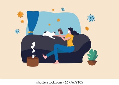 Social Distancing, stay home in COVID-19 coronavirus outbreak, stay in the house to prevent virus infection, happy woman stay calm reading book playing with cat in her home, virus pathogens outside