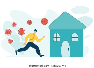 Social Distancing, stay home in COVID-19 coronavirus outbreak, stay in the house to prevent virus infection, man or businessman stay calm running to lovely safe home with virus pathogens outside. 