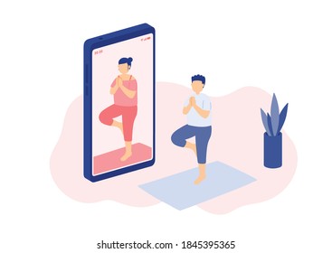 Social distancing stay at home, Miniature tiny people yoga online class, E-learning smartphone application concept Poster or social banner design illustration on white background, copy space vector