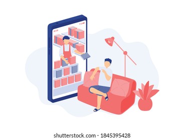 Social distancing stay at home, Miniature tiny people read e-book online, Smartphone shopping application concept Poster or social banner design illustration on white background with copy space vector