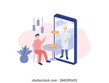 Distancia social permanencia en casa, minúsculos en miniatura piden entrega de comida en línea, concepto de aplicación para smartphones Cartel o ilustración de diseño de banner social sobre fondo blanco con vector de espacio de copia