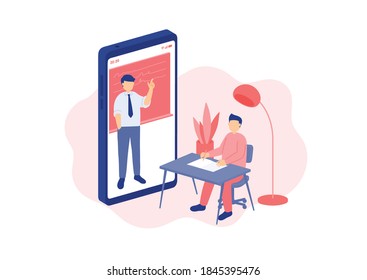 Social distancing stay at home, Miniature people tutorial online class, E-learning smartphone application concept Poster or social banner design illustration on white background, copy space, vector