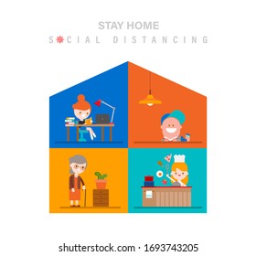 Social Distancing, Stay at home for safety during Covid-19 virus pandemic. Family keeping distance concept illustration. vector illustration in flat design style cartoon.