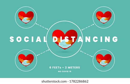 Social distancing sticker, stop COVID-19 and five red hearts with masks wearing anti coronavirus concept. Poster. Sticker. Vector illustration.