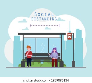 social distancing stop bus people waiting
