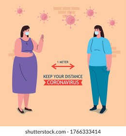 social distancing, stop coronavirus one meter distance, keep distance in public society to people protect from covid 19, women wearing medical mask against coronavirus vector illustration
