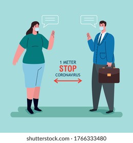 social distancing, stop coronavirus one meter distance, keep distance in public society to people protect from covid 19, couple wearing medical mask against coronavirus vector illustration design