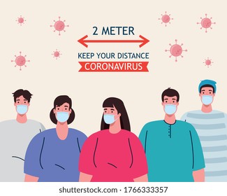 social distancing, stop coronavirus two meter distance, keep distance in public society to people protect from covid 19, people wearing medical mask against coronavirus vector illustration