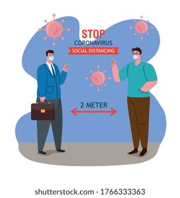 social distancing, stop coronavirus two meter distance, keep distance in public society to people protect from covid 19, men wearing medical mask against coronavirus vector illustration design