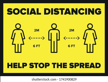 Social distancing stop the spread coronavirus covid-19 pandemic outbreak warning sign sticker. Vector infographic for print and use in shops and public areas to maintain social distance virus measures