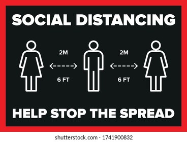 Social distancing stop the spread coronavirus covid-19 pandemic outbreak warning sign sticker. Vector infographic for print and use in shops and public areas to maintain social distance virus measures