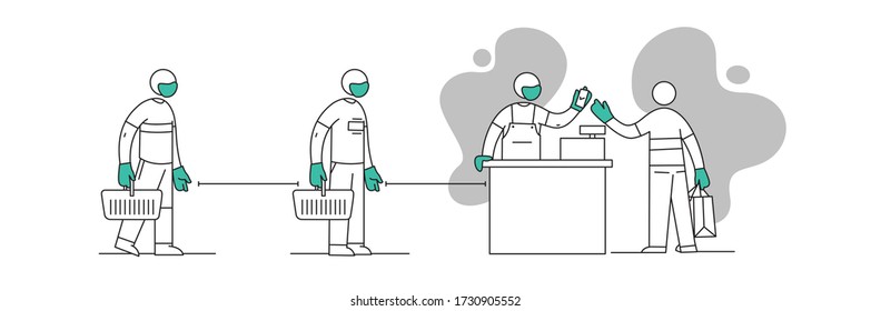 Social distancing in the store, contactless payment, in store safety, cash counter safety, Corona Virus  Covid-19 safety and precautions related vector symbols, illustration, info graphics, poster