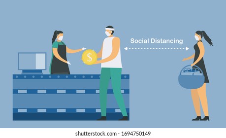 Social distancing in supermarket. Keep distance from other people. Save life from coronavirus outbreak. Vector illustration designs in flat style.