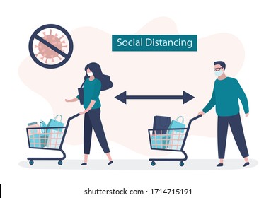 Social Distancing in supermarket or store. Two people with shopping trolleys keeping distance for infection risk and disease. Covid-19 prevention banner. Viral infection pandemic. Vector illustration