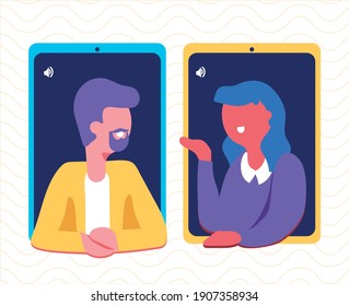 Social distancing, talk, video call, concept illustration. Young people friendship. People at home in quarantine. Vector flat style illustration.