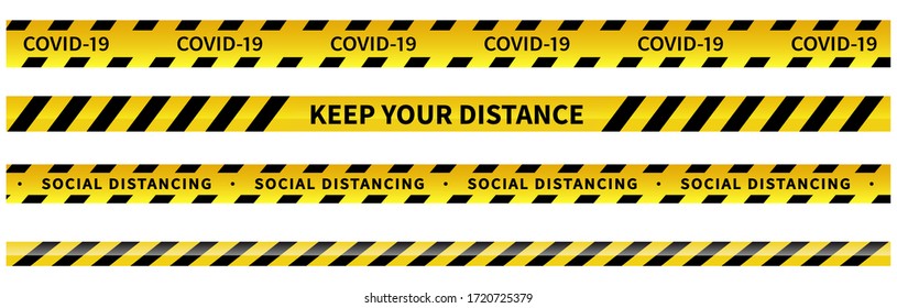 Social distancing tape. Warning Covid-19 tapes. Black and yellow line striped. Vector illustration svg