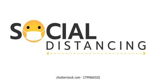 Social distancing text with emoji face wearing a mask prevent COVID-19 virus vector illustration