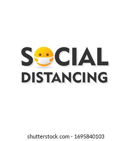 Social Distancing text icon logo with emoticon wearing medical mask - isolated vector illustration